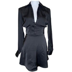 Urban Outfitters Phoebe Corset Shirt Dress Black Long Sleeve Hook & Eye Mini Sm